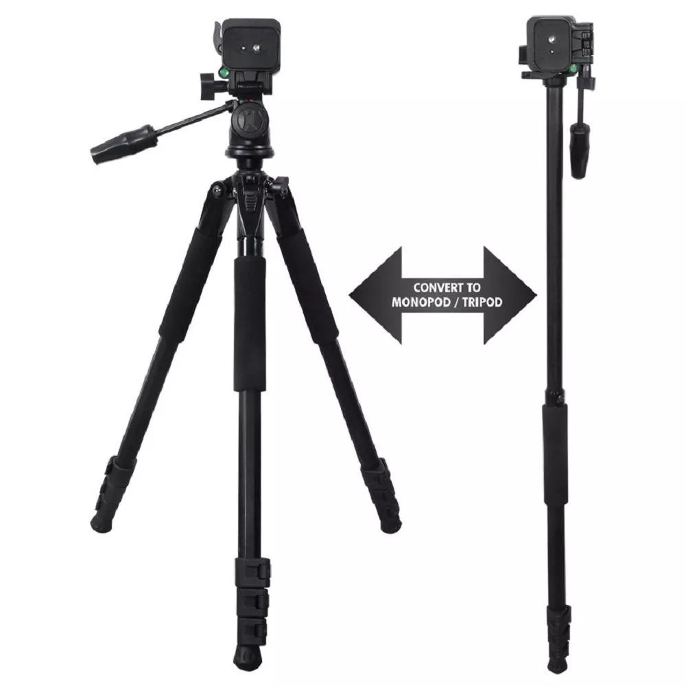 Convertible 2‑in‑1 Tripod Monopod with Fluid Pan Head and Carry Case